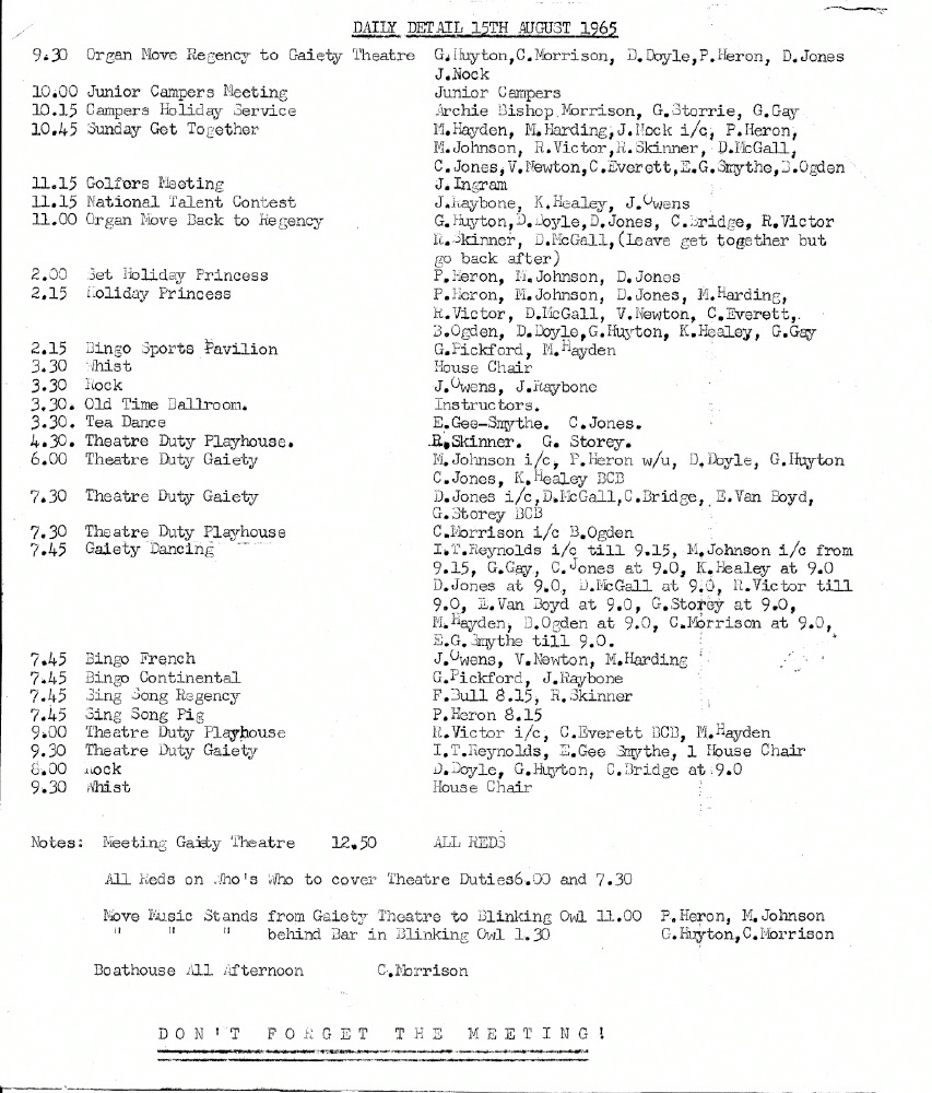 BUTLINS PWLLHELI 1965 DAILY DETAIL